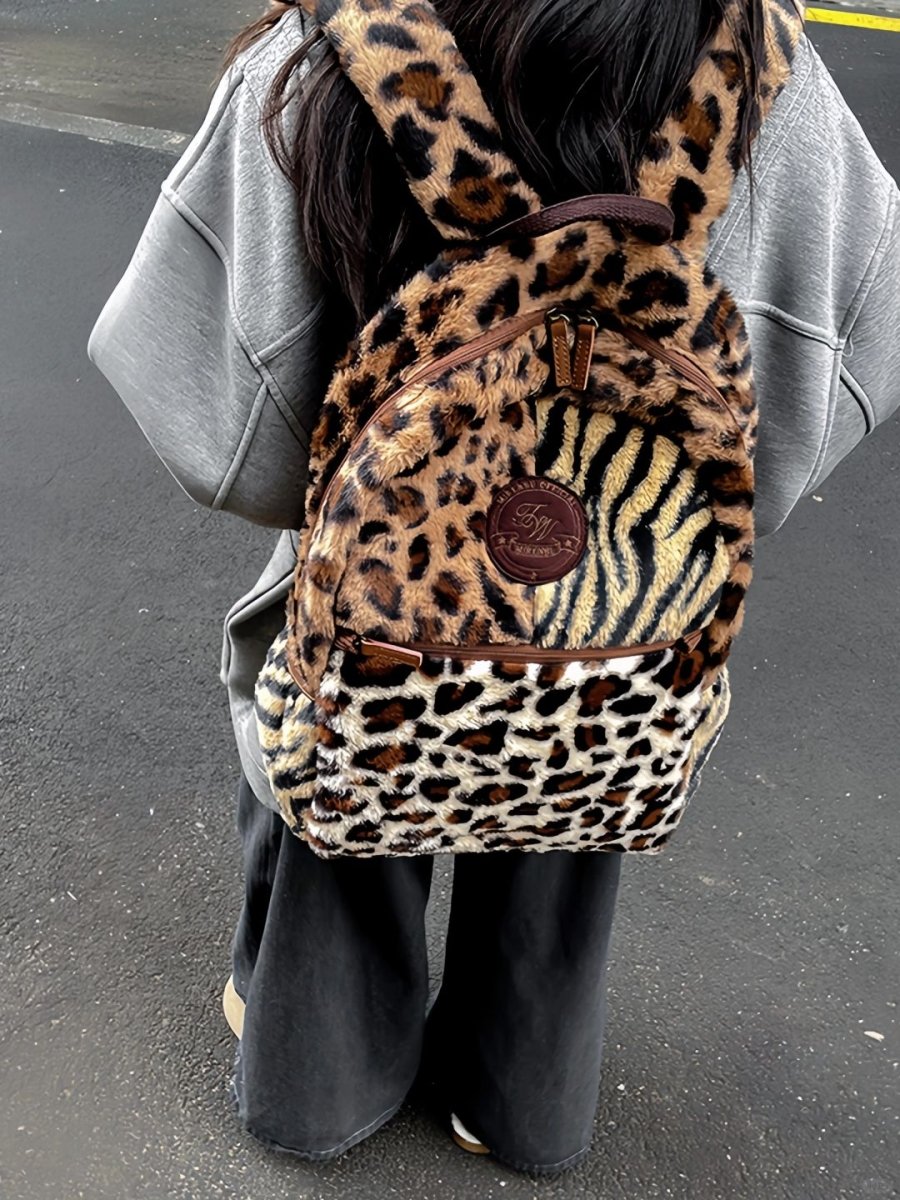 Limited Edition Multi Leopard Print Plush Faux Fur Bag with Zipper Closure - Medium, Unisex Leisure Bag