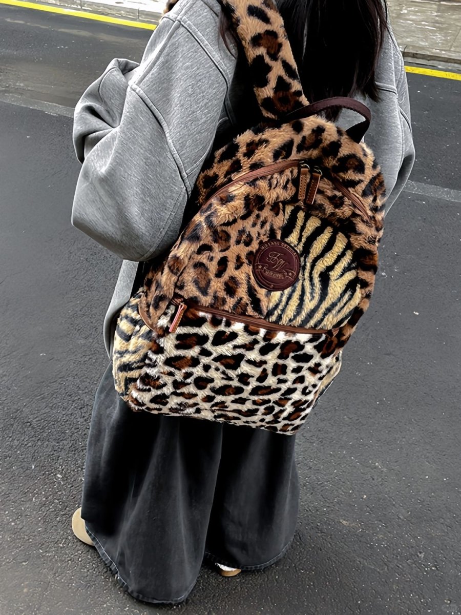 Limited Edition Multi Leopard Print Plush Faux Fur Bag with Zipper Closure - Medium, Unisex Leisure Bag