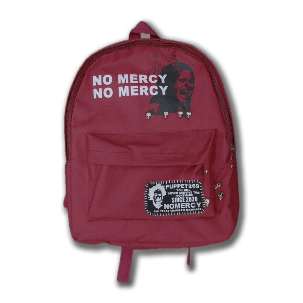 PT269 No Mercy Rivet Backpack - Horror Graphic Print, Blood Red, Punk Streetwear
