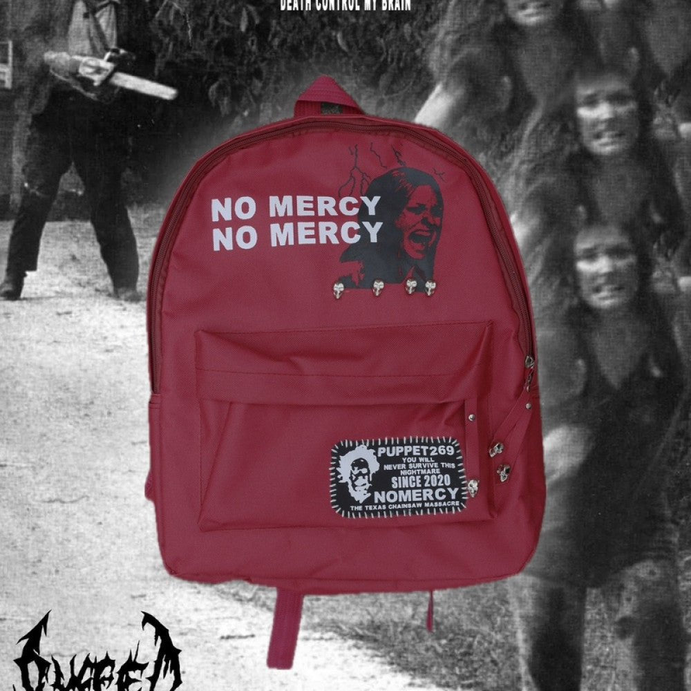PT269 No Mercy Rivet Backpack - Horror Graphic Print, Blood Red, Punk Streetwear