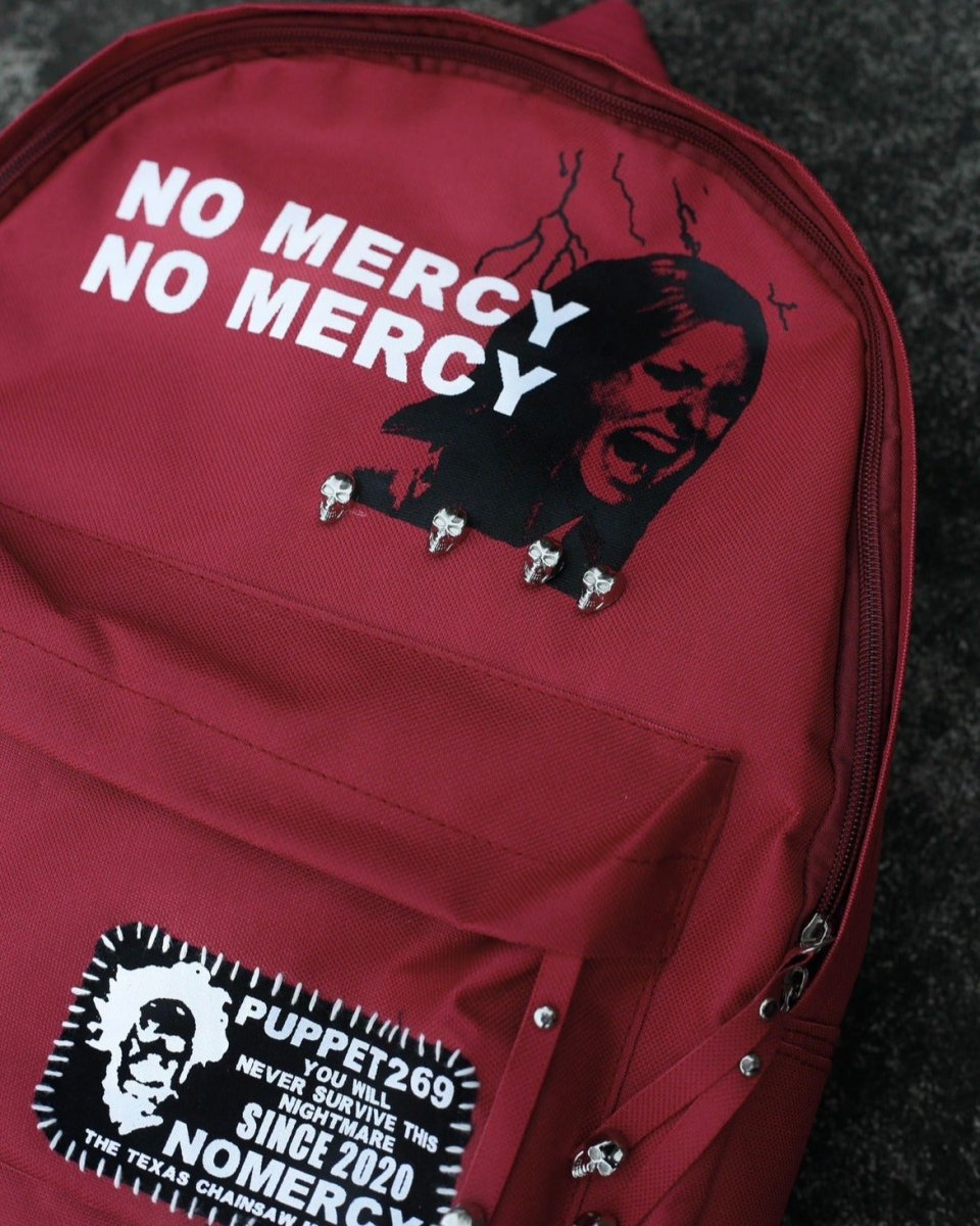 PT269 No Mercy Rivet Backpack - Horror Graphic Print, Blood Red, Punk Streetwear
