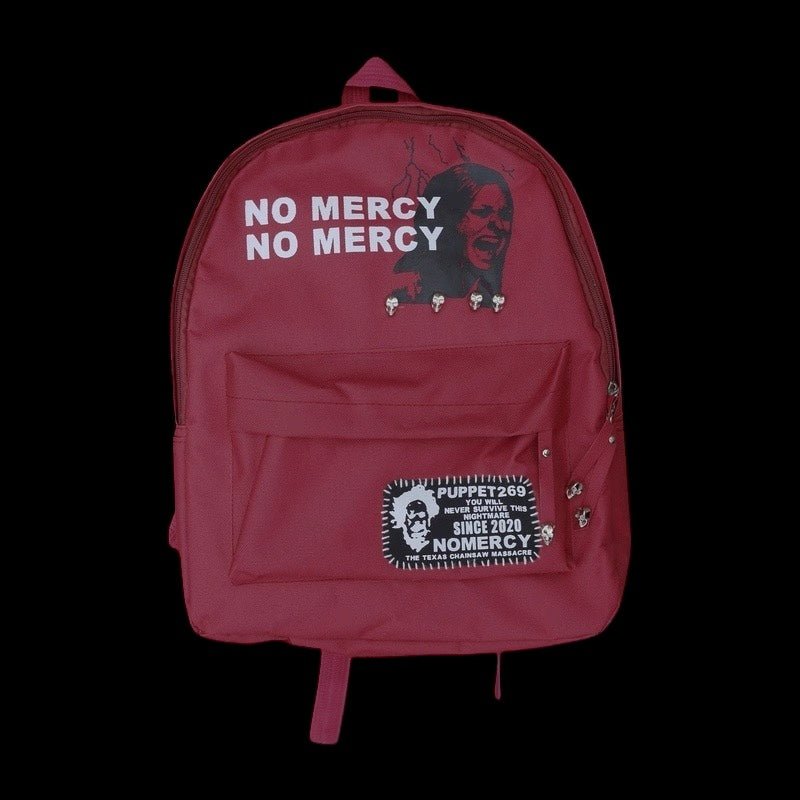 PT269 No Mercy Rivet Backpack - Horror Graphic Print, Blood Red, Punk Streetwear