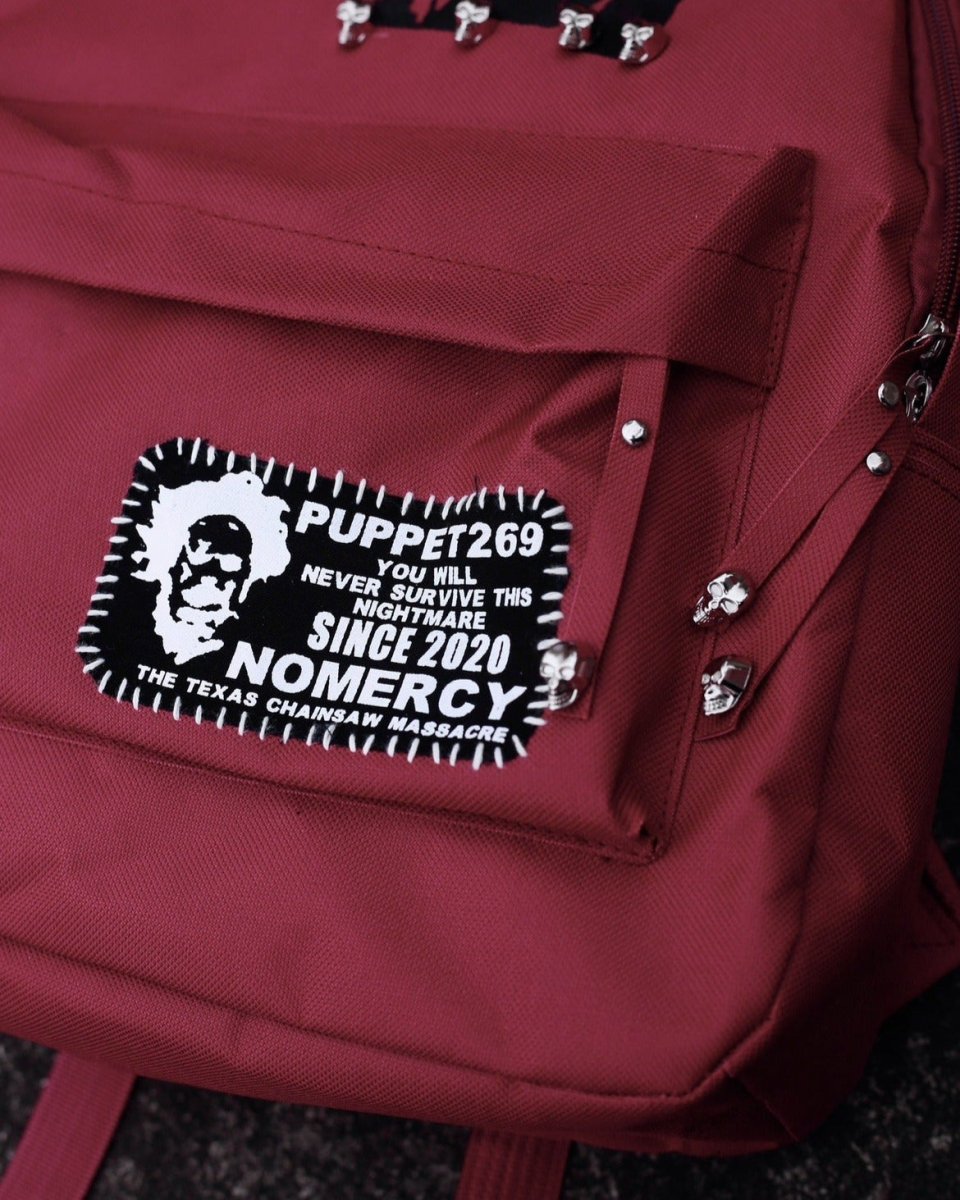 PT269 No Mercy Rivet Backpack - Horror Graphic Print, Blood Red, Punk Streetwear